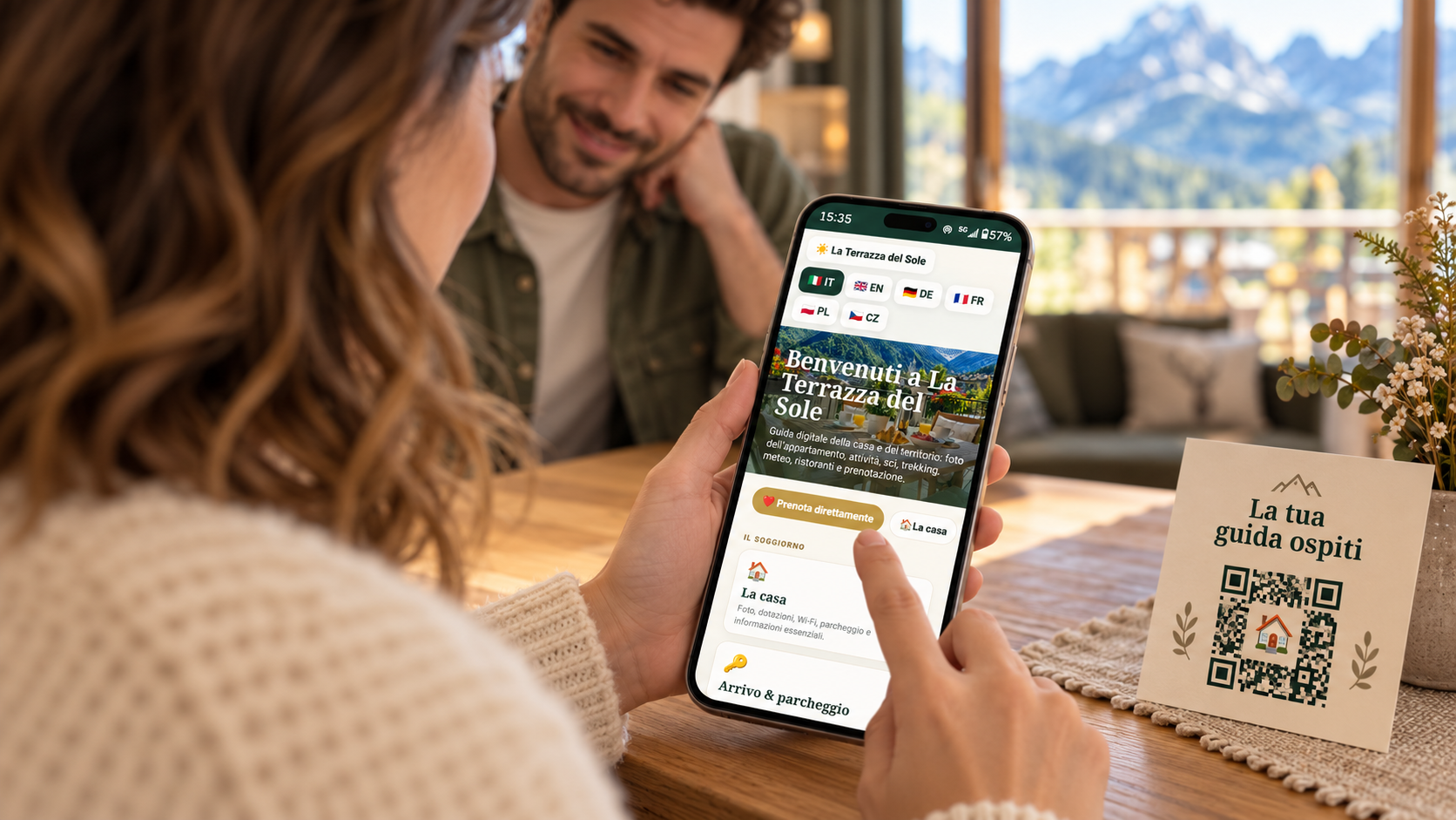 Guida ospiti digitale La Terrazza del Sole consultata su smartphone — immagine illustrativa con AI