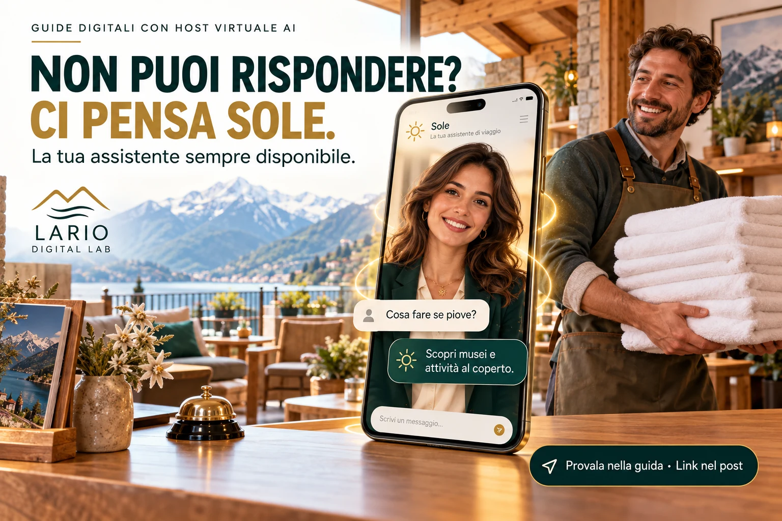 Esempio promozionale: un host impegnato e Sole, assistente virtuale nella guida digitale